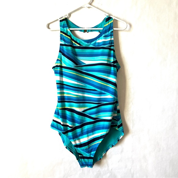 Tommy Bahama Women Size 14 Blue Stripe One Piece Swimsuit Backless Beach Travel - Picture 1 of 9